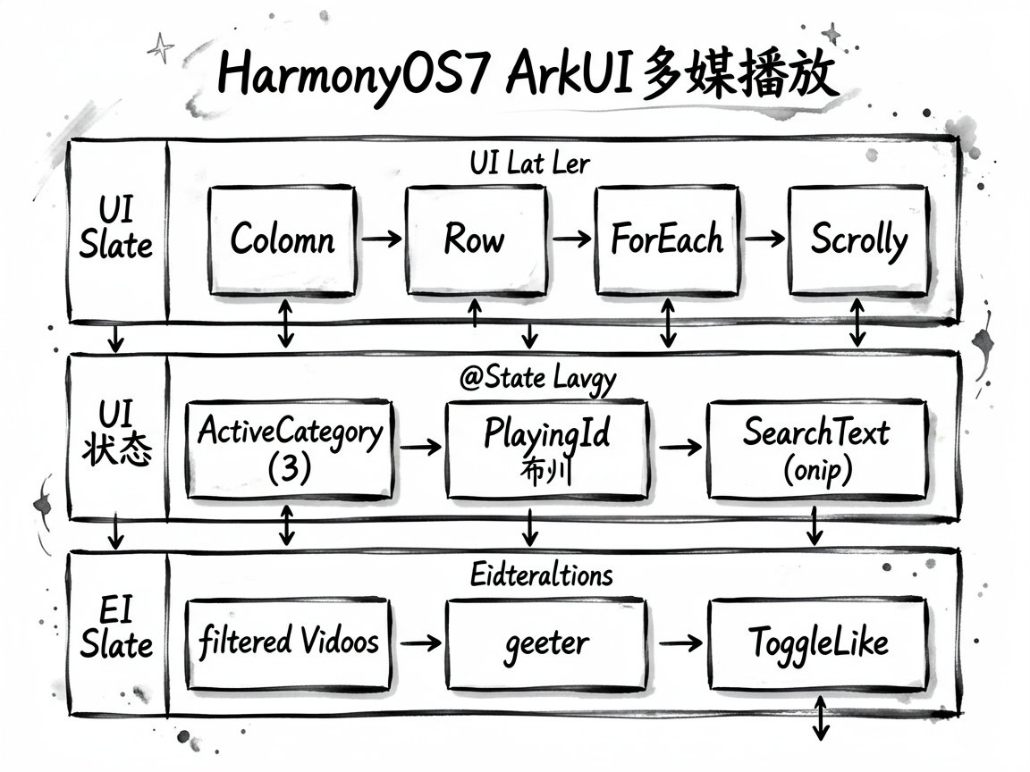 手绘墨水风格架构图，标题为HarmonyOS7 ArkUI多媒体播放列表。核心模块分为三层：UI层包