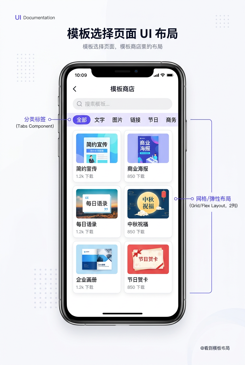 模板选择页分类Tab与网格布局图