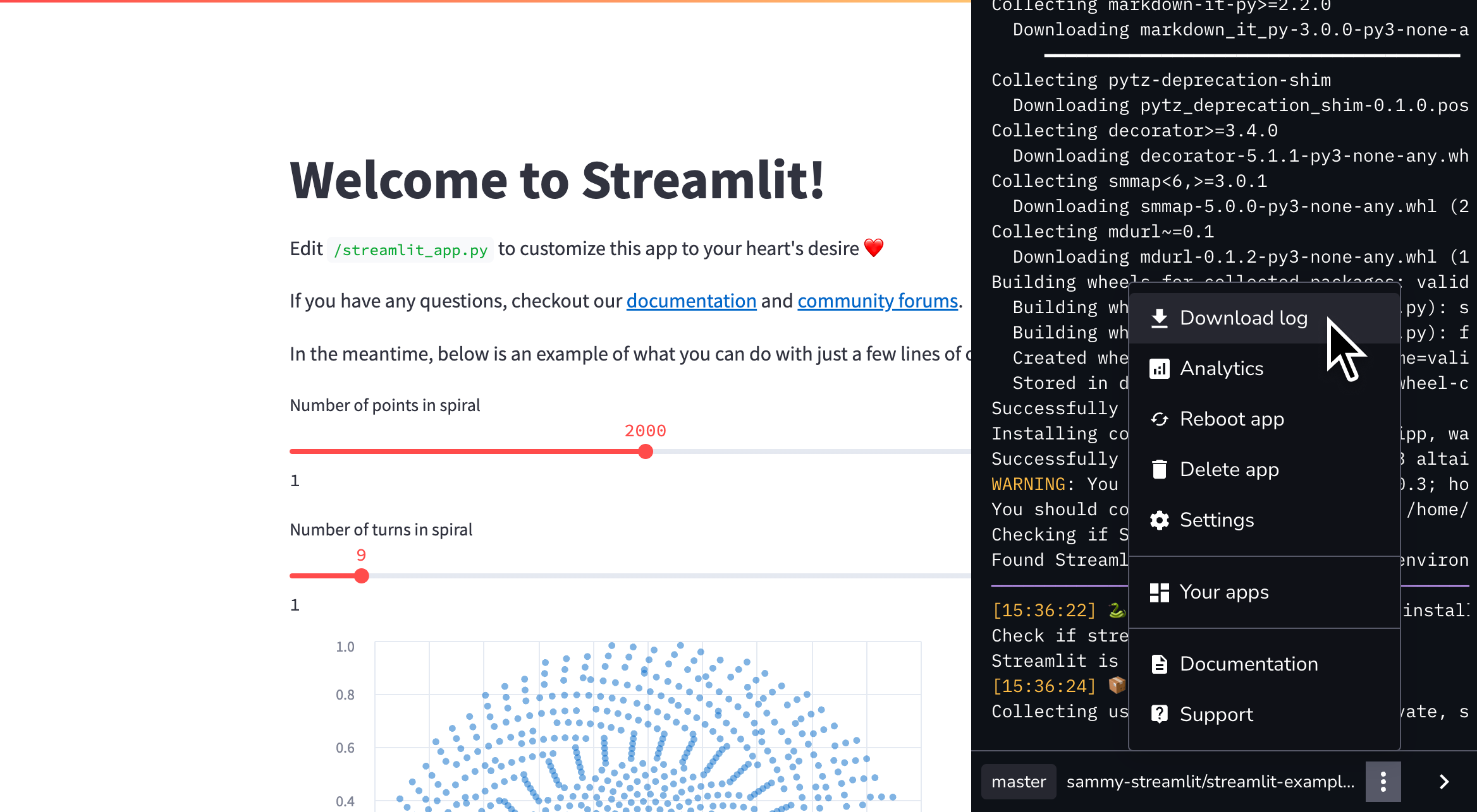 下载您的 Streamlit Community Cloud 日志