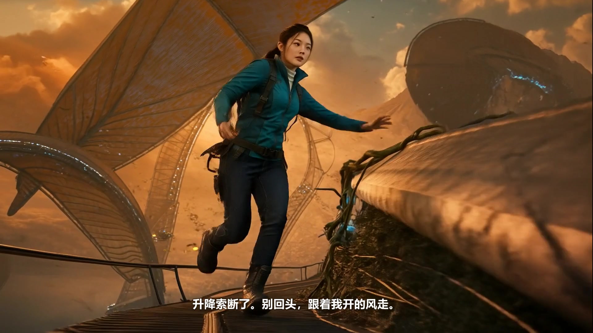 工程师跨过断裂升降索接近塔芯
