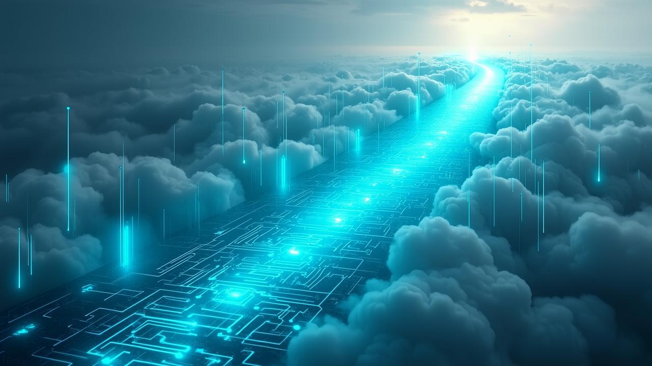 An abstract landscape of a digital frontier, where