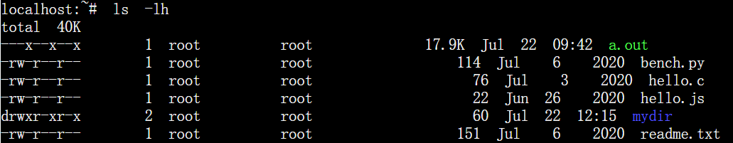 ls -lh列出大小可读的长格式文件和目录,具体来说就是显示字节变成了显示kb。注意,这里只有第一个文件显示kb，因为只有大于1KB的显示KB，其余的只显示字节。