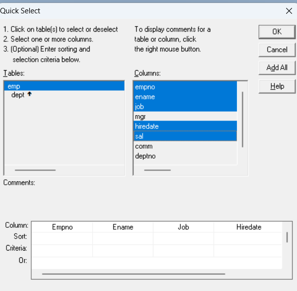 选择需要的表和字段