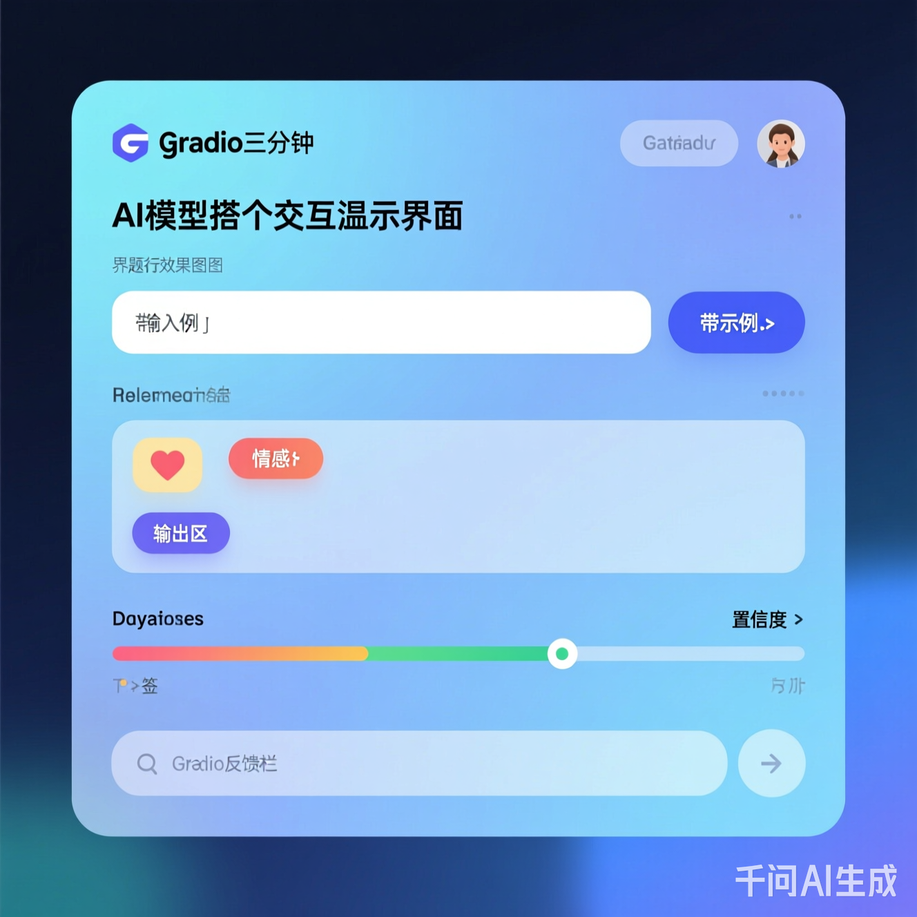 运行效果截图：界面包含标题区、输入框（带示例按钮）、输出区（高亮情感标签与置信度）、底部反馈栏，整体采用柔和科技蓝配色