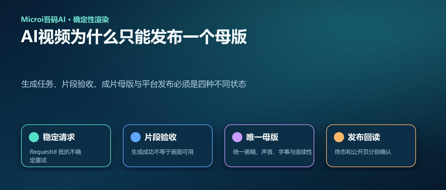 AI视频从生成请求到唯一母版的三层素材闸门示意图