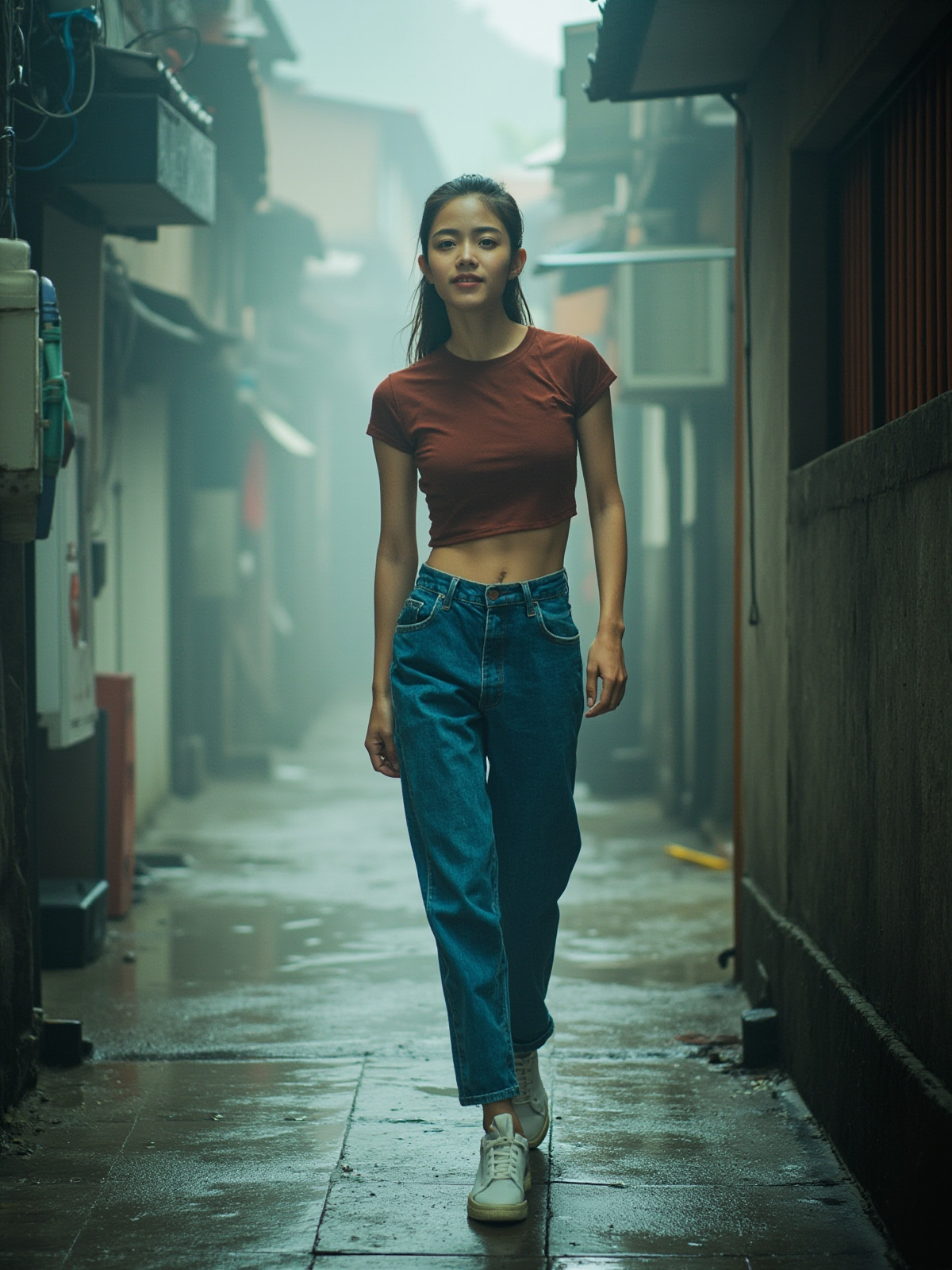 成年亚洲女性在山城石阶穿蓝色全长牛仔裤的薄雾时装摄影