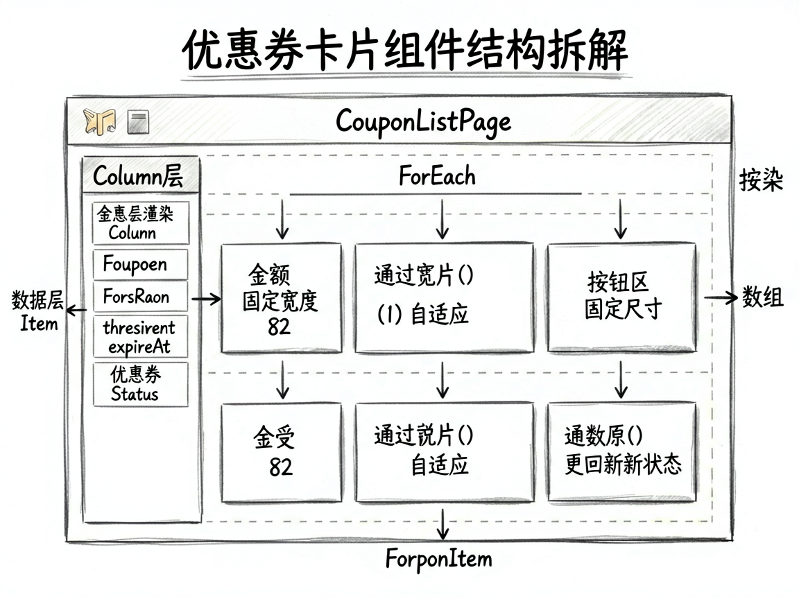 为一篇讲解 HarmonyOS7 ArkUI/ArkTS 优惠券卡片写法的技术文章绘制一张 sket