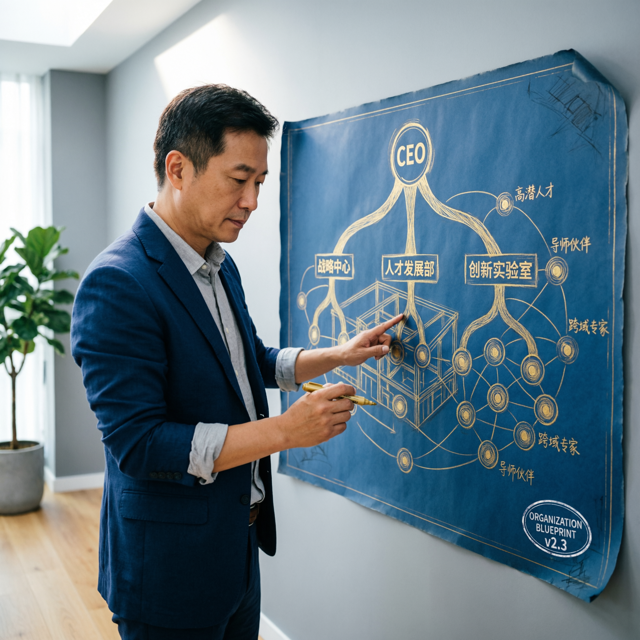 创始人建设组织护城河示意图,蓝图与建筑对比,手绘信息图风格