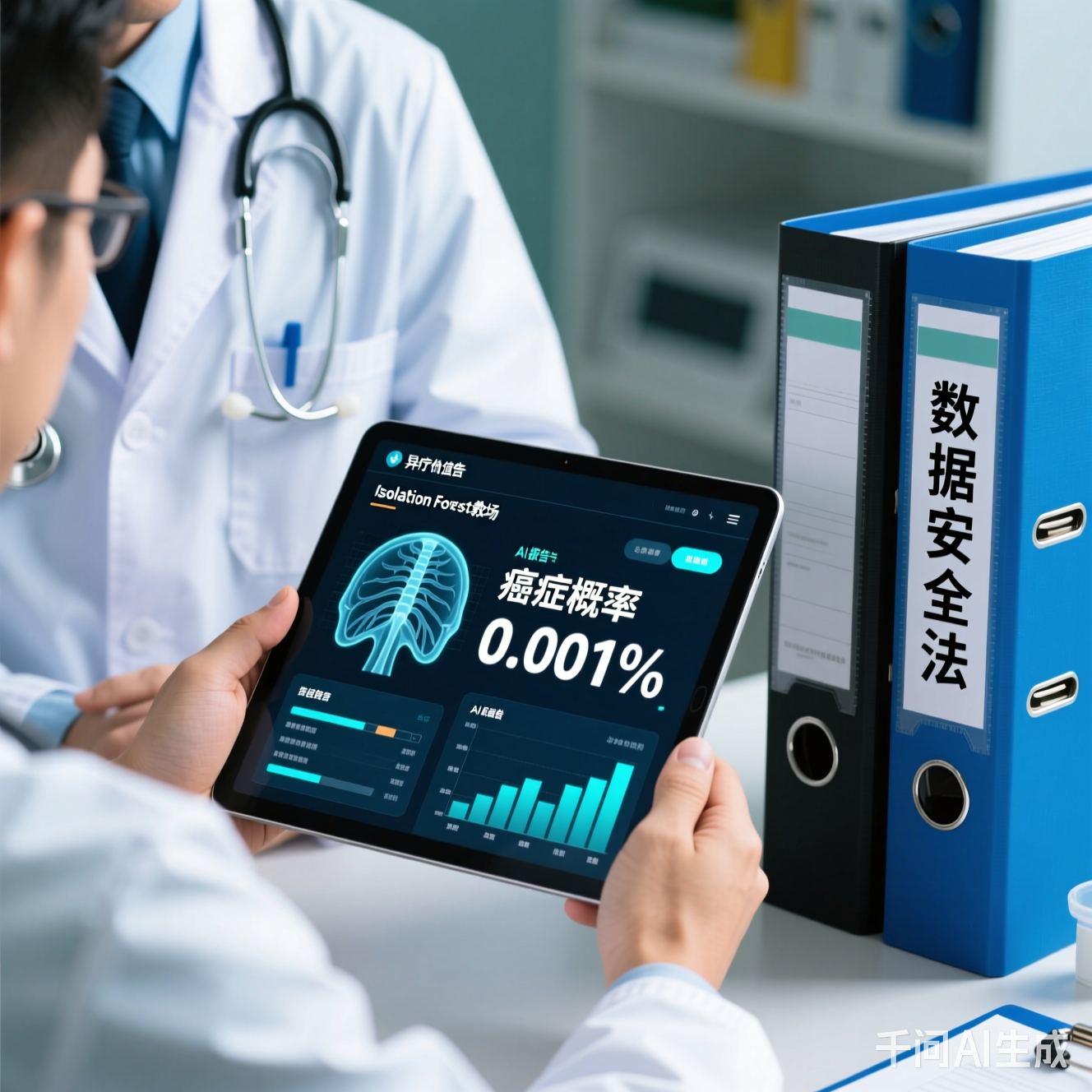 医生拿着平板看AI报告，平板上显示着"癌症概率0.001%"，旁边放着"数据安全法"文件夹