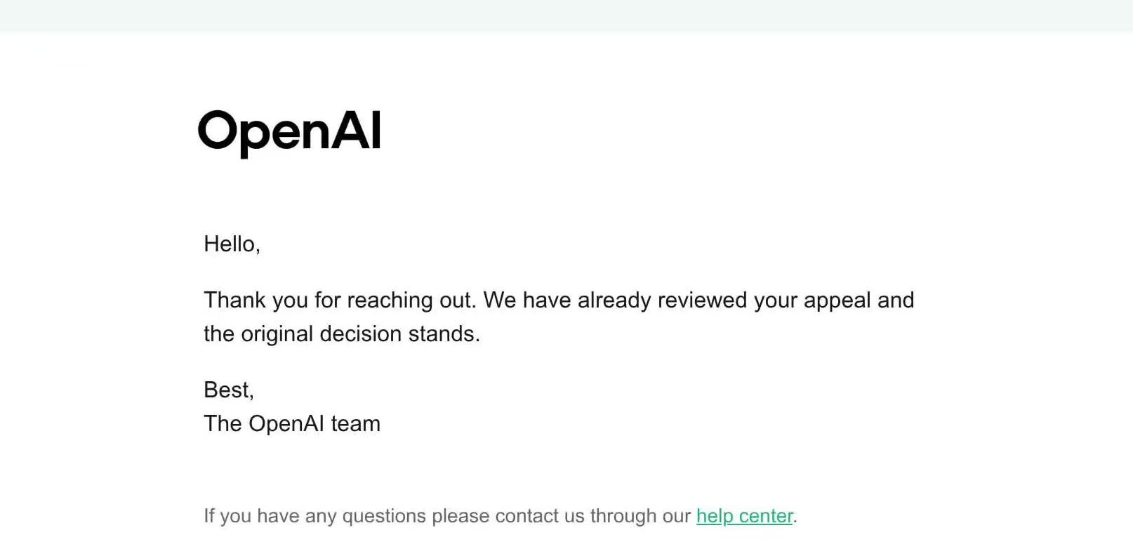 OpenAI 邮件回复「已审阅您的申诉，原决定维持不变」截图