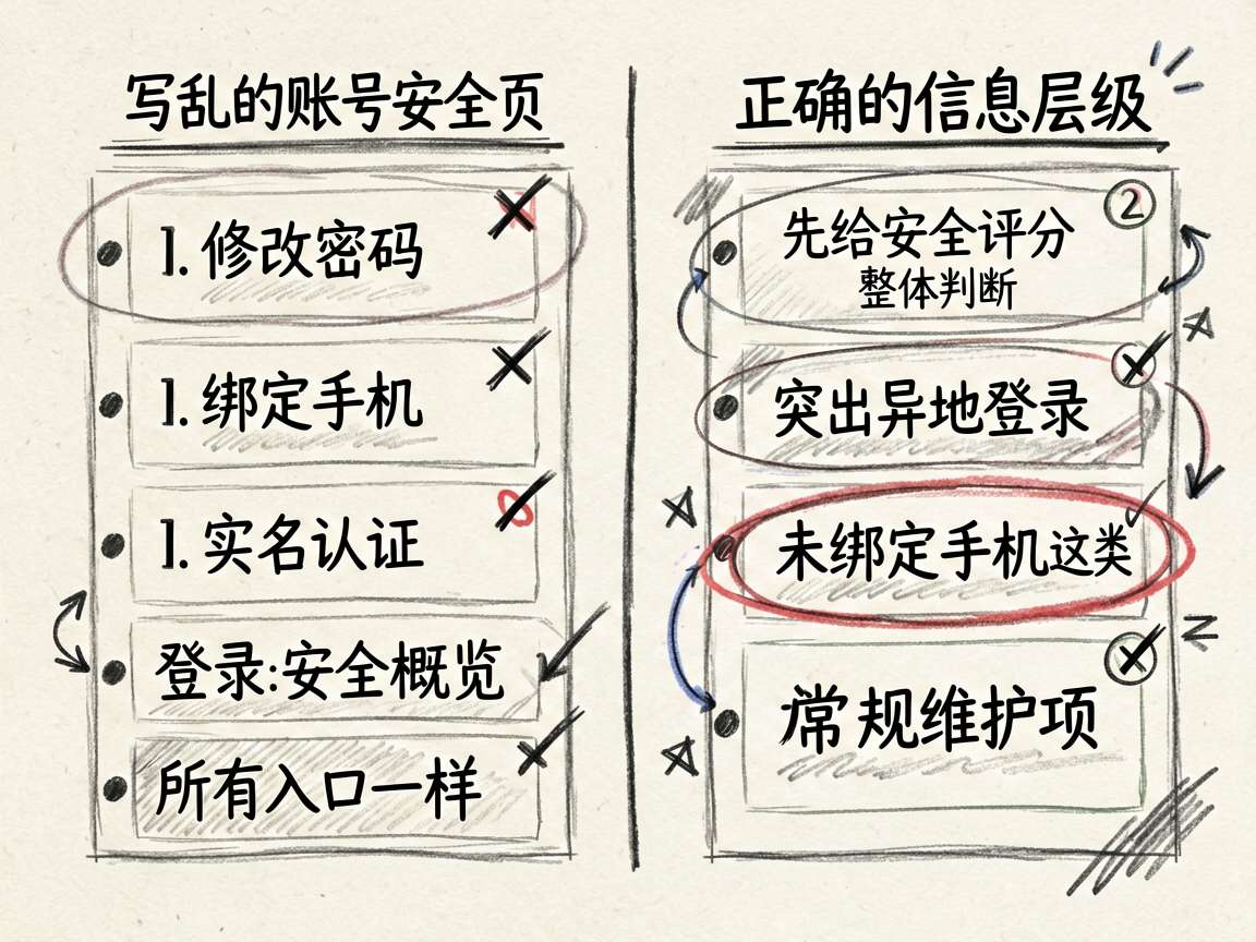 一张 sketch-notes 风格的对比图，内容对比“写乱的账号安全页”和“正确的信息层级”。左侧