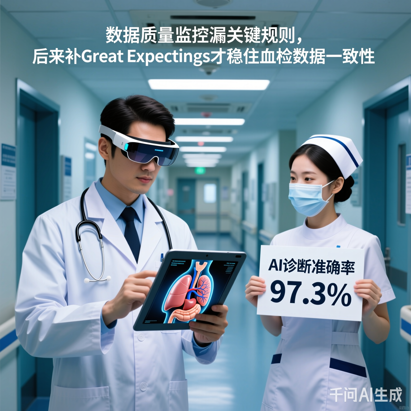 医院走廊里戴着AR眼镜的医生正在查看平板上的3D器官模型,旁边护士举着写着"AI诊断准确率97.3%"的牌子