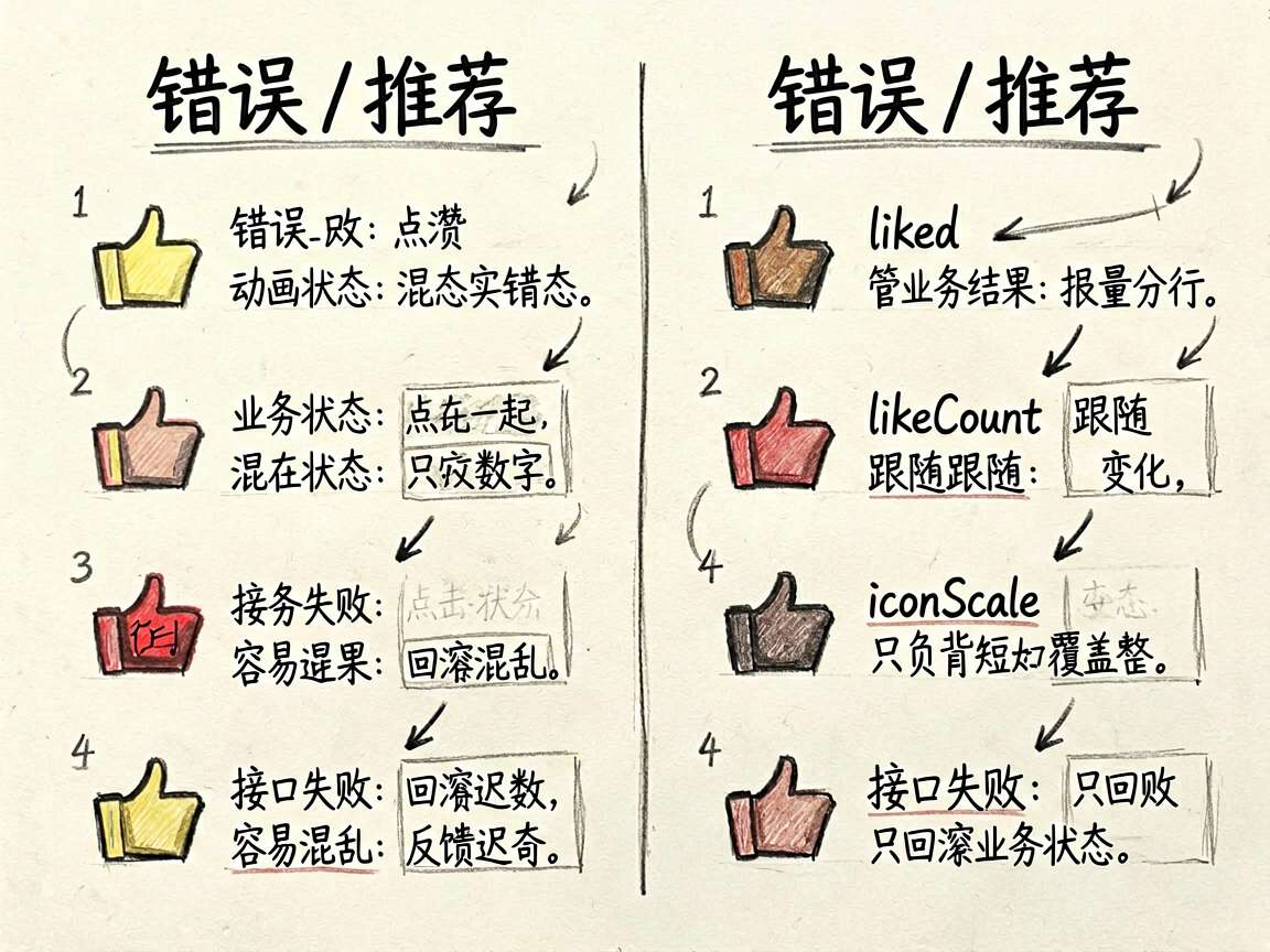 一张对比型手绘笔记图,左右并列展示两种点赞实现方式。左侧是常见错误写法:动画状态和业务状态混在一起,