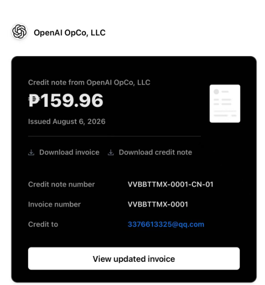 OpenAI OpCo 出具退款信用证（Credit Note）的截图，金额 ₱159.96，可下载发票