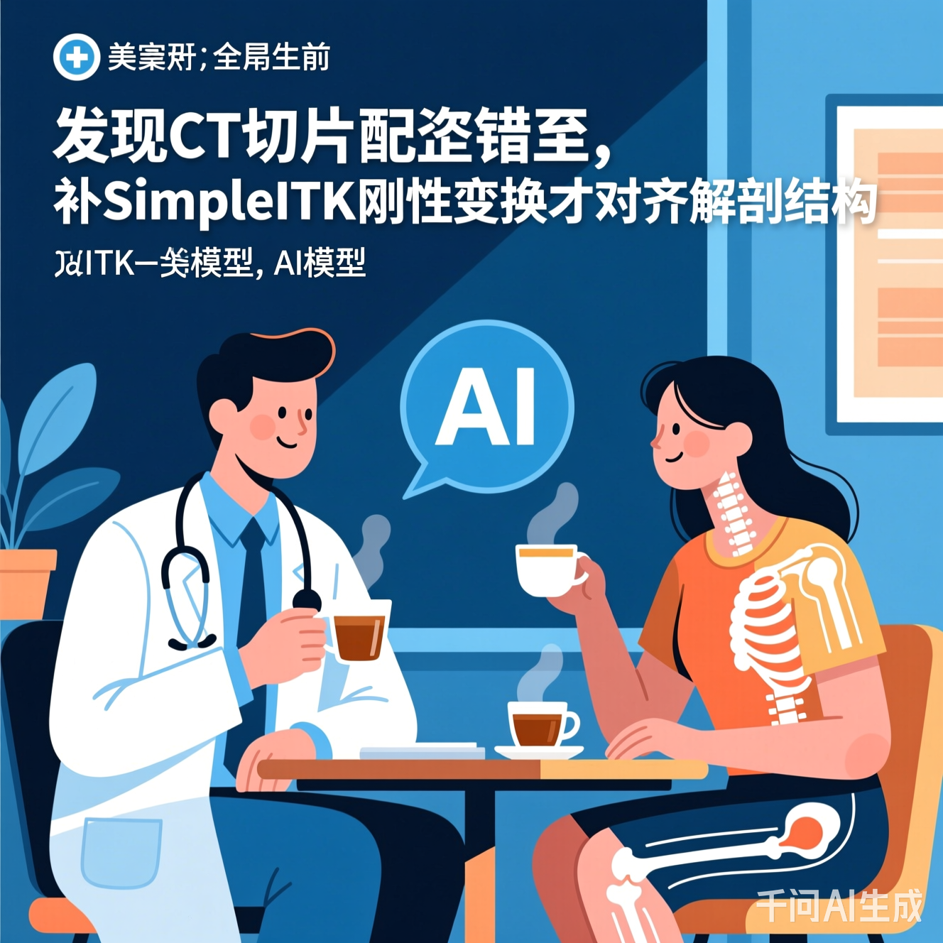 医生和AI模型对坐喝茶的插画
