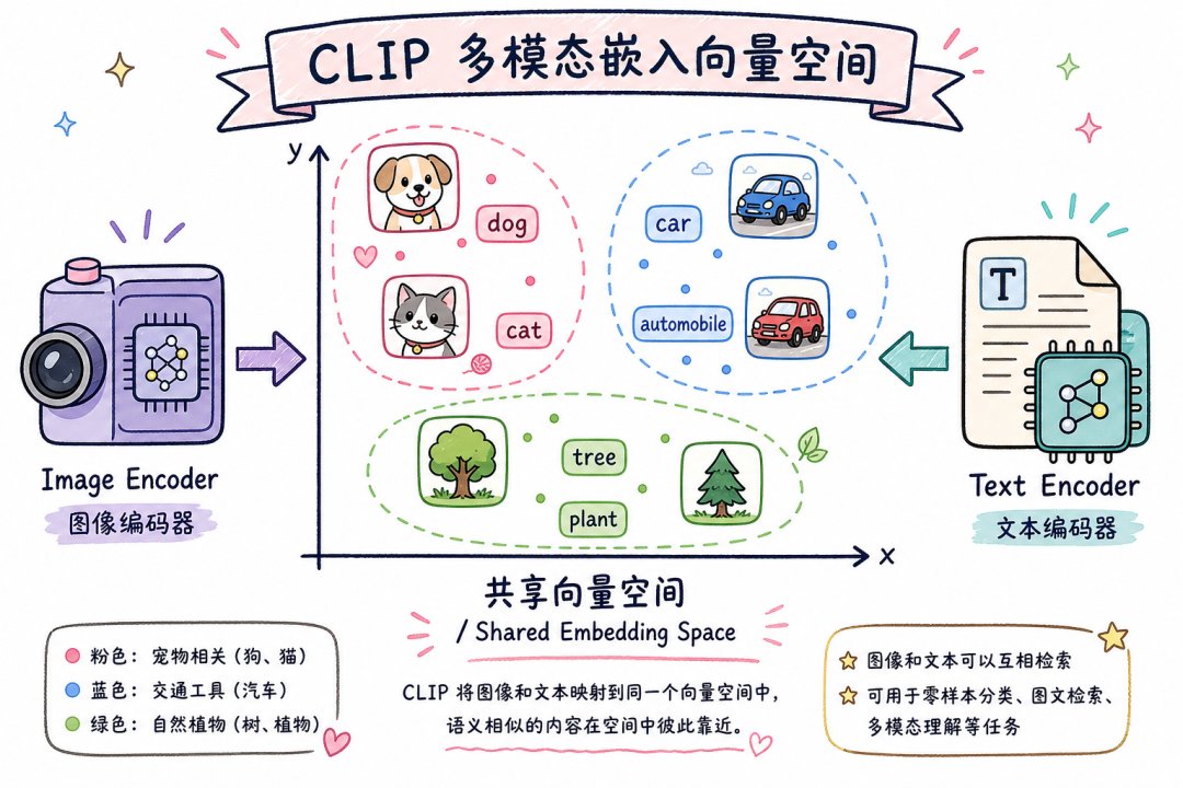CLIP 多模态嵌入：图文共享向量空间示意