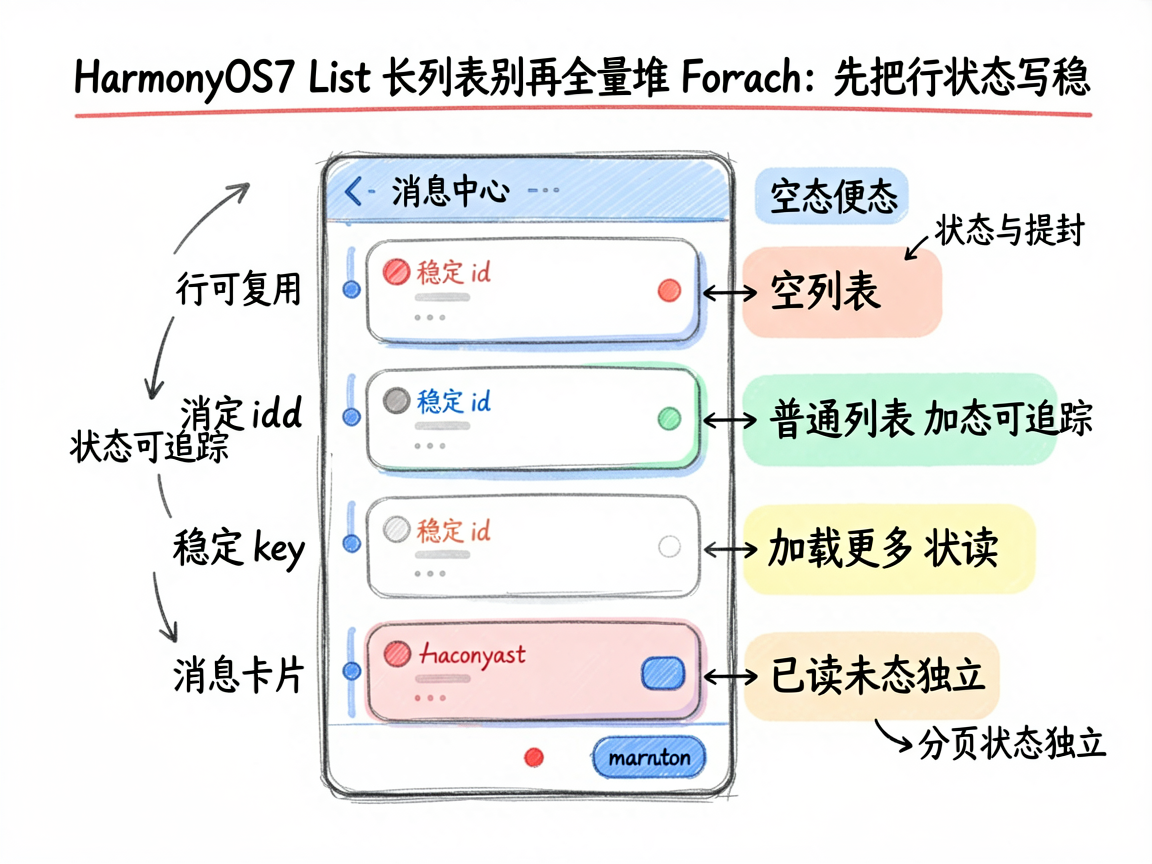 为一篇技术教程文章绘制一张 sketch-notes 风格的手绘信息图,主题是“HarmonyOS7