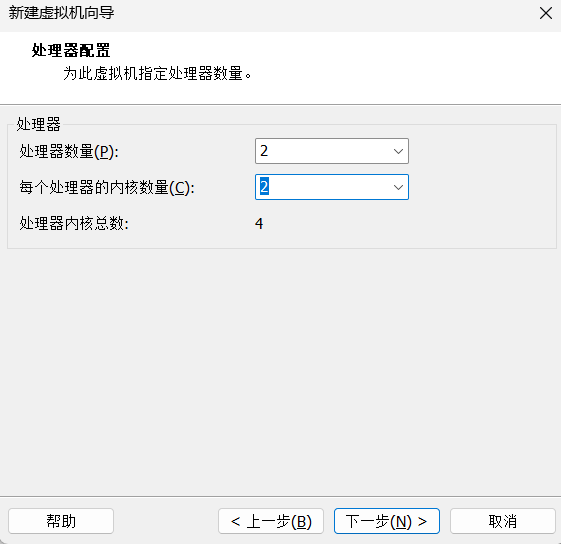 处理器配置设置为 2 个内核
