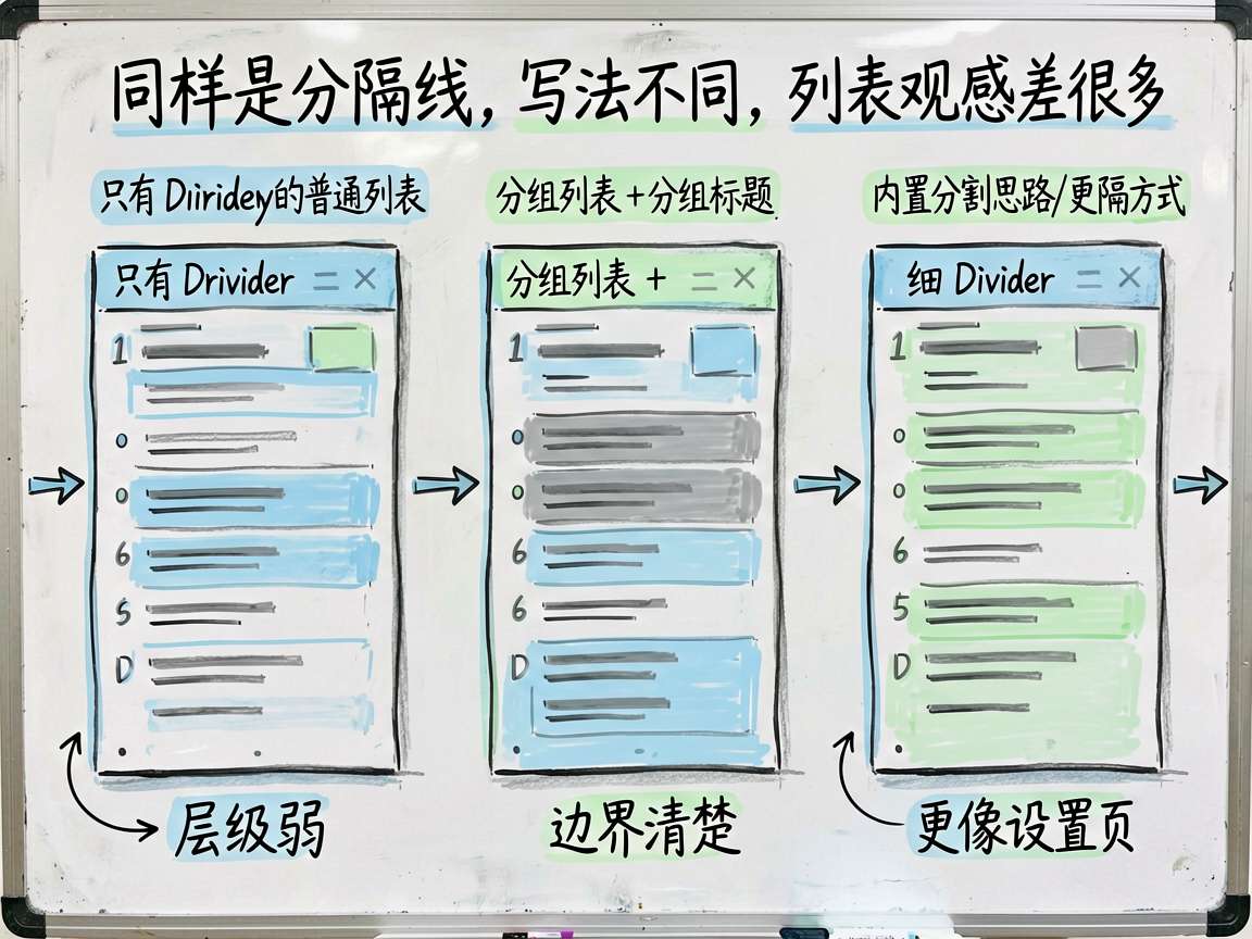 为一篇 HarmonyOS7 技术教程绘制一张手绘笔记风对比图,主题是“同样是分隔线,写法不同,列表