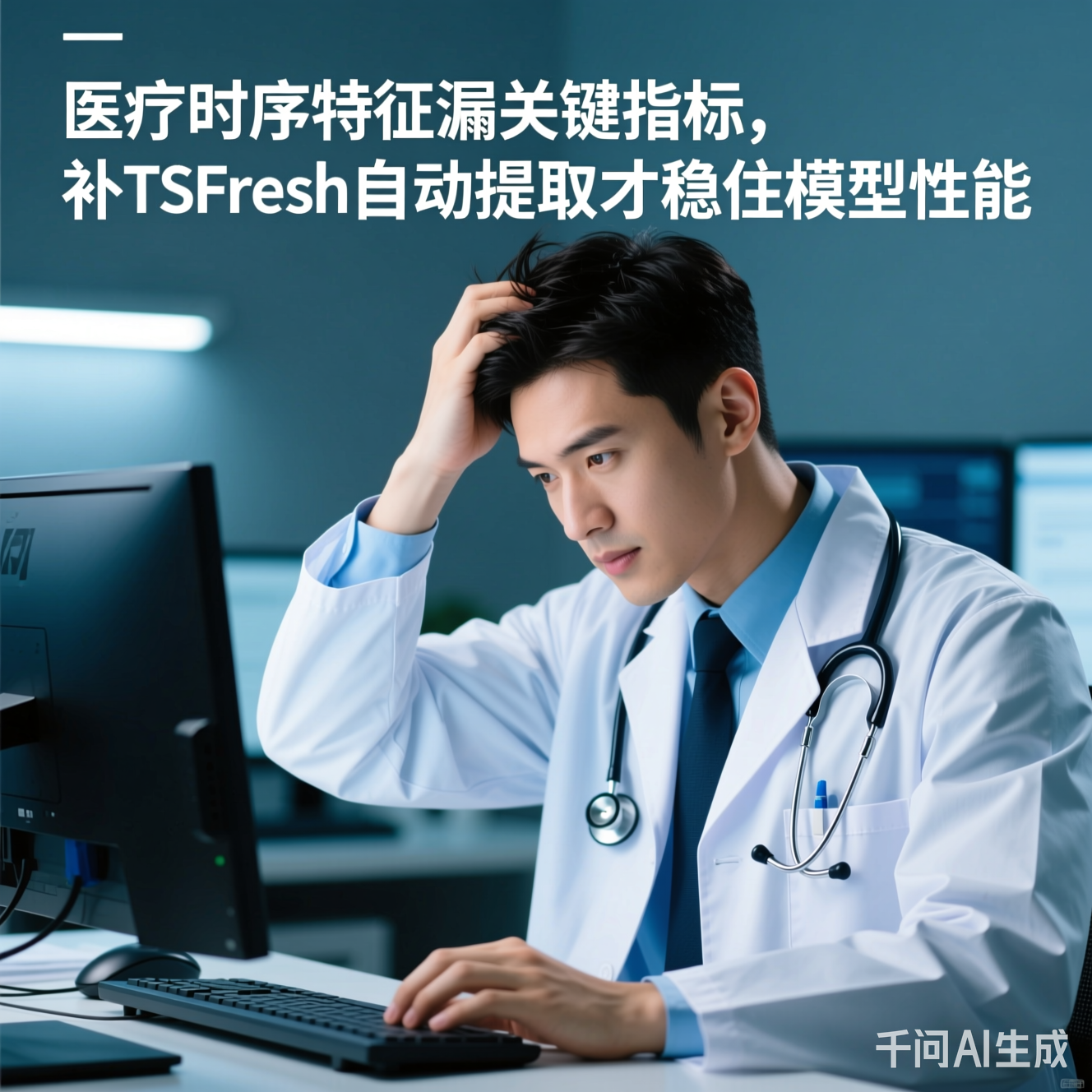 穿着白大褂的医生对着电脑抓头发