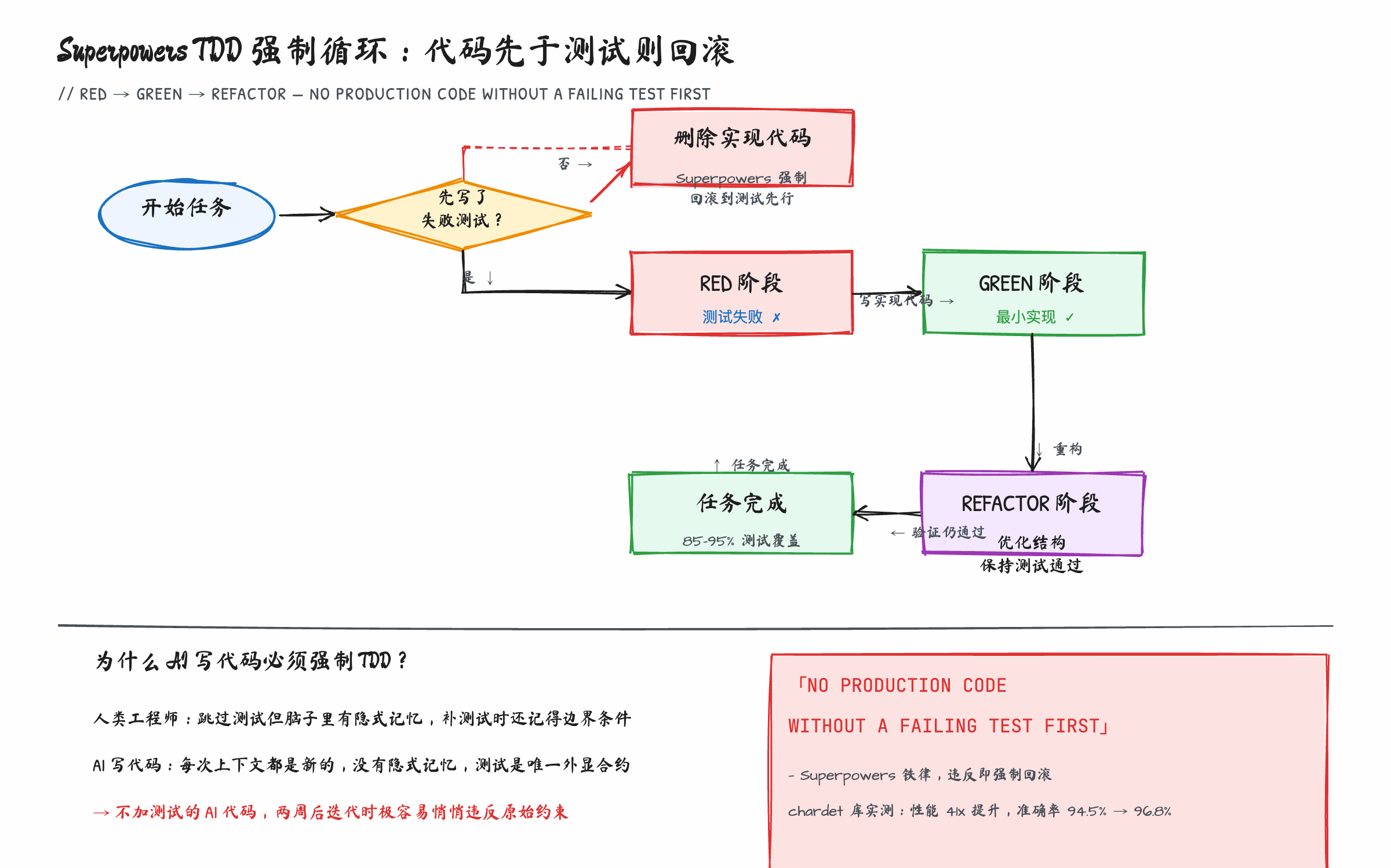 TDD 强制循环：RED-GREEN-REFACTOR 在 Superpowers 中的执行流程