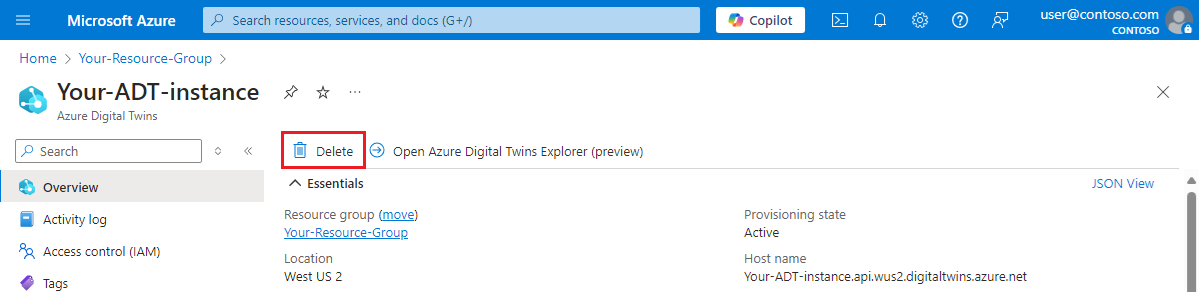 Azure 门户中 Azure 数字孪生实例的“概述”页面的屏幕截图。突出显示了“删除”按钮。