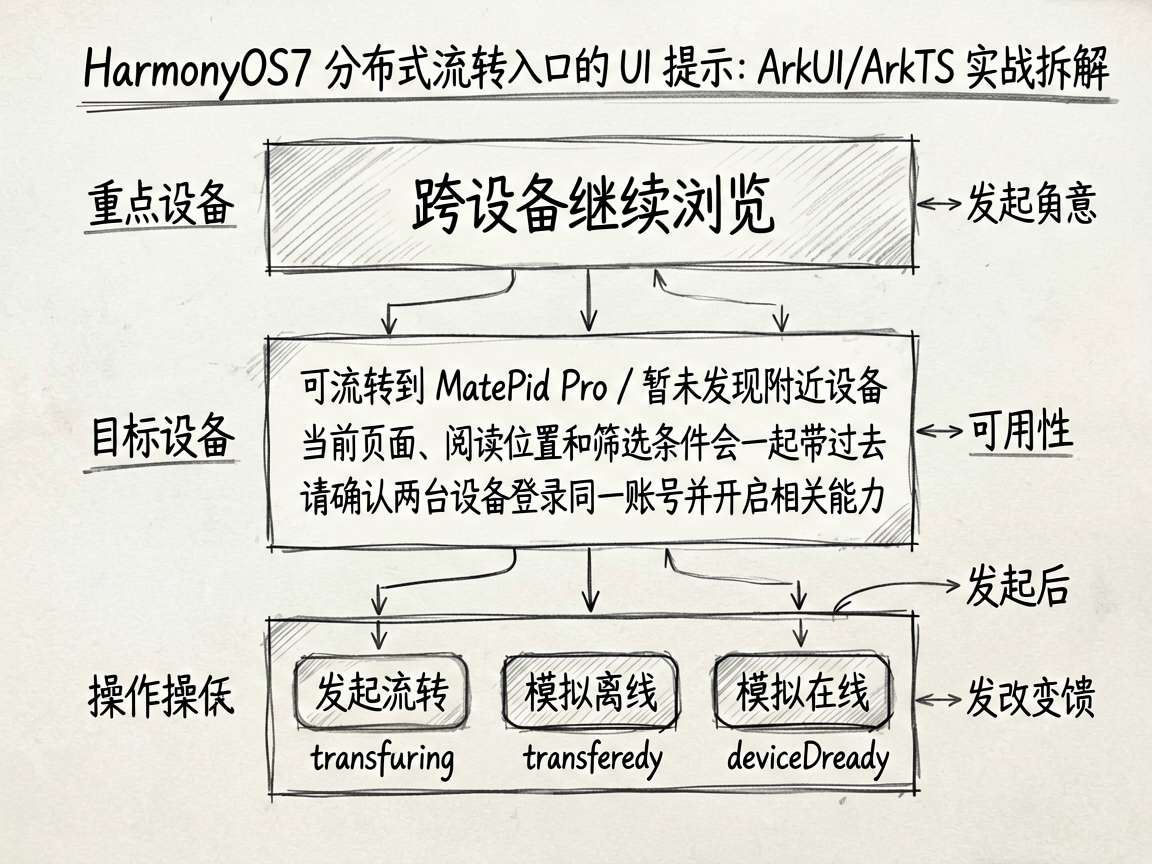 为文章《HarmonyOS7 分布式流转入口的 UI 提示：ArkUI/ArkTS 实战拆解》绘制一