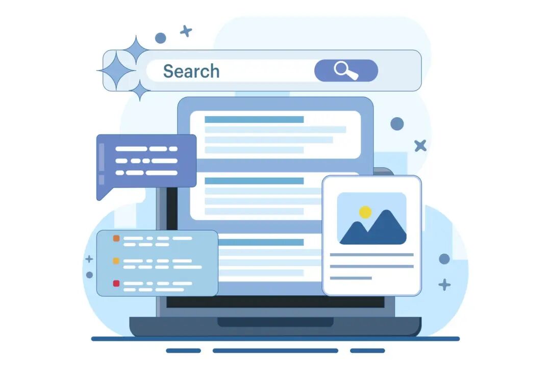 Search concept using AI, AI search technology is the background of SGE search experience. Transform online search with generative AI. Simple vector illustration with modern icons in the background.