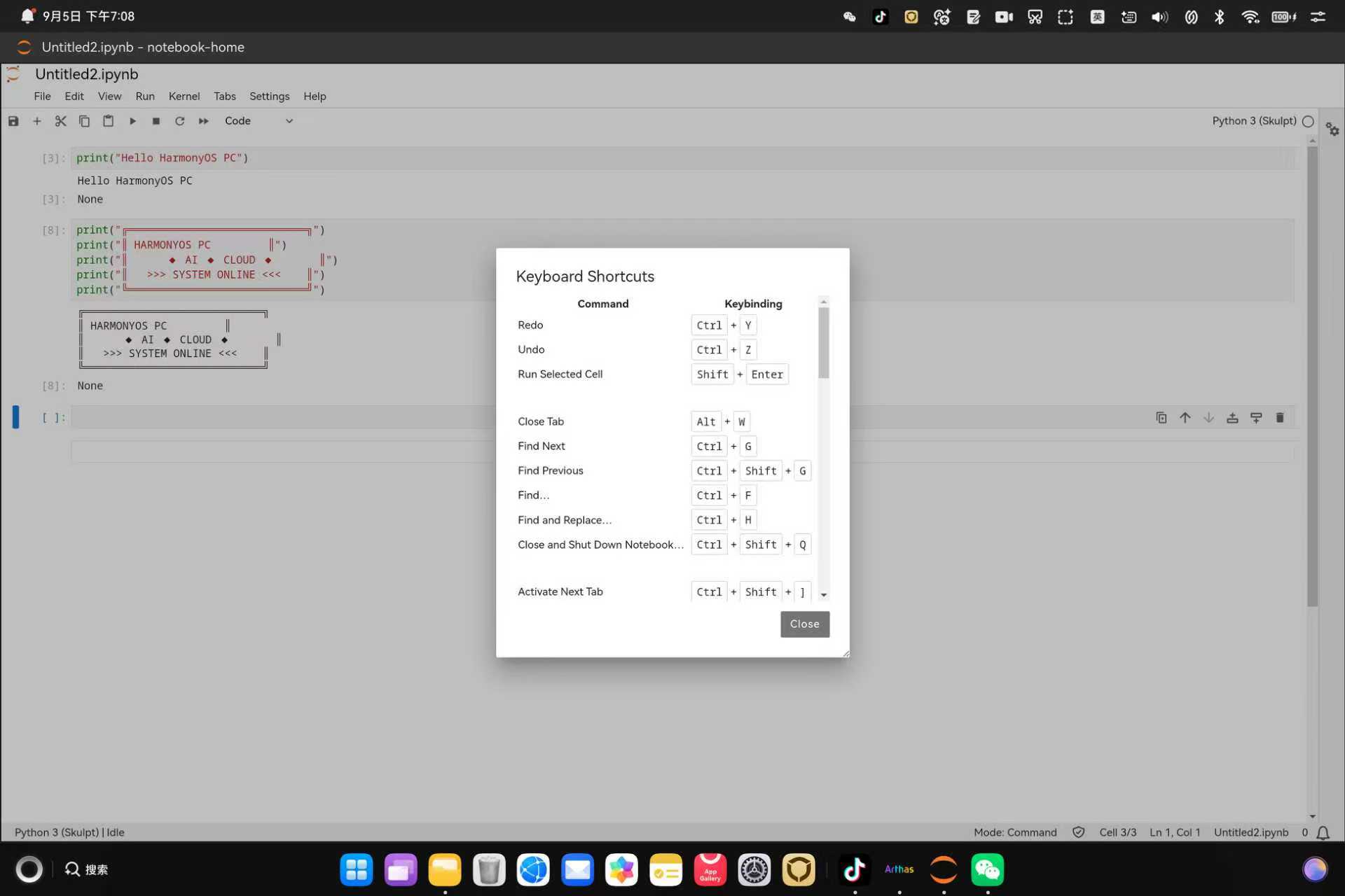 cell [3] 执行 print("Hello HarmonyOS PC") 后输出 Hello HarmonyOS PC；下方 [3]: None 是 print 函数的返回值——Jupyter 标准行为