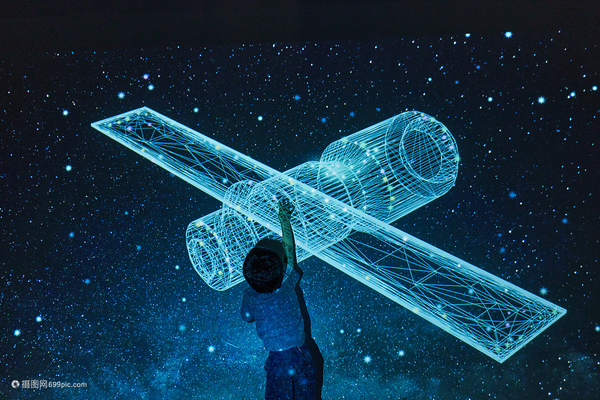 小男孩学习宇宙科技知识 飘在半空的实验服：未来实验室与科技想象场景的碰撞