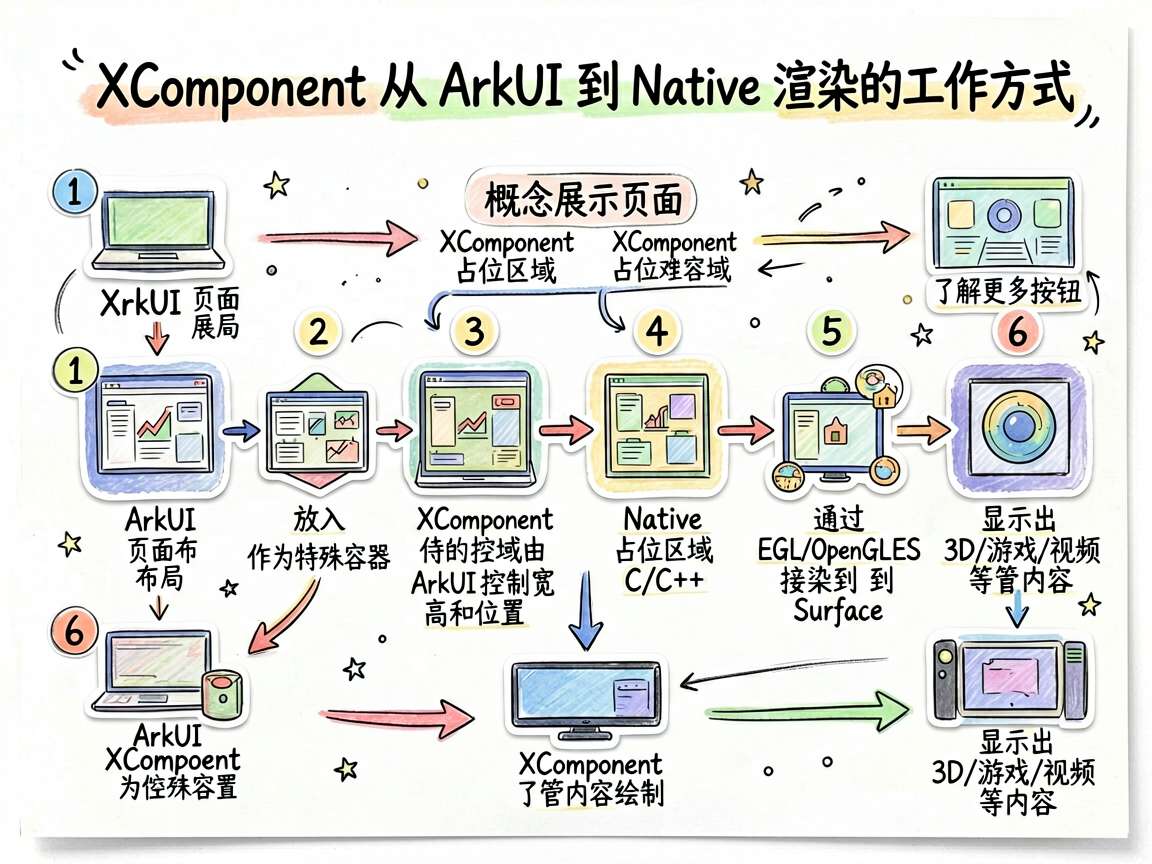 一张手绘流程图风格的示意图,主题是“XComponent 从 ArkUI 到 Native 渲染的工