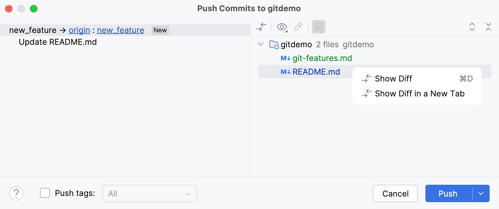 Push Commits 对话框