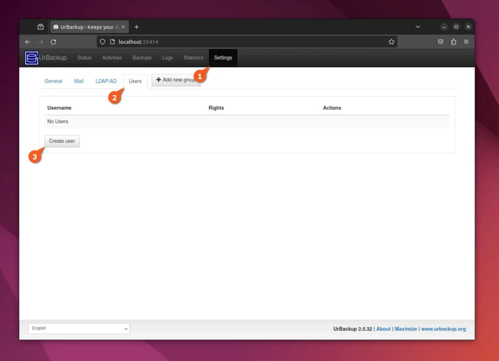 navigating to user section in urbackup