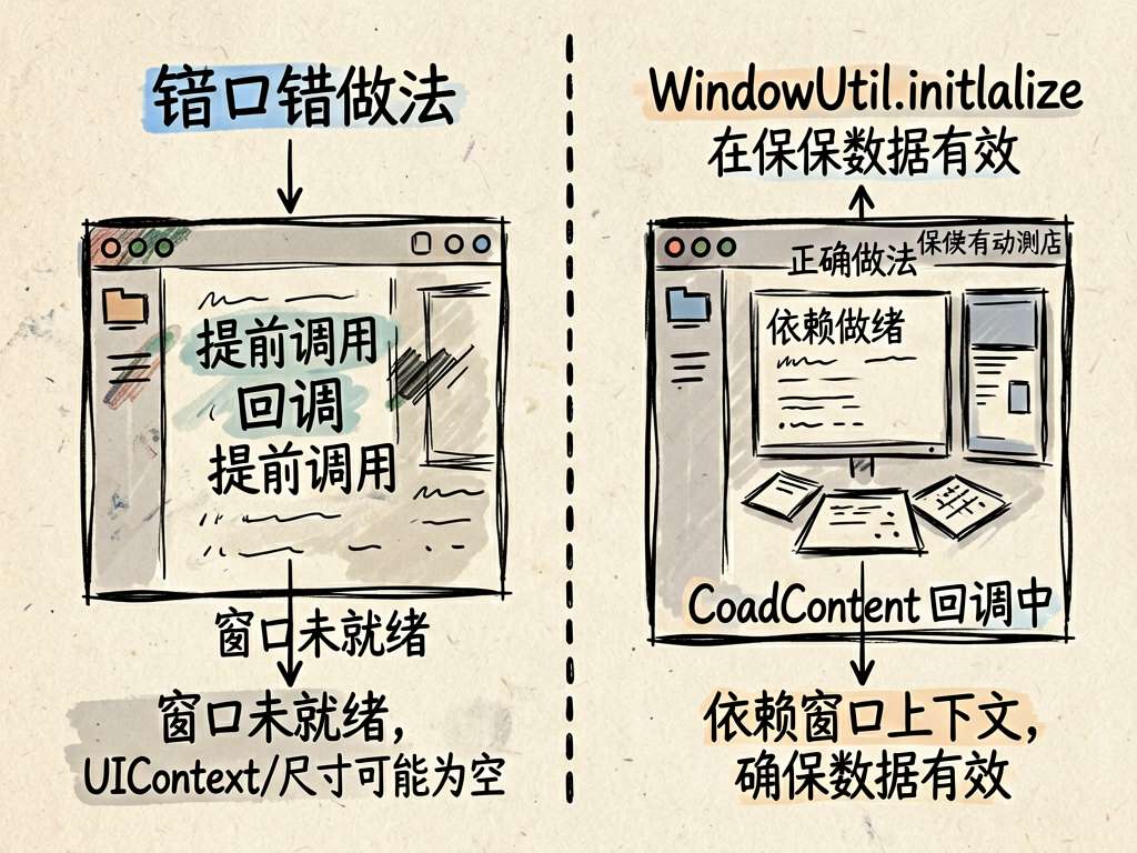手绘风格对比图，左侧为错误做法（注释掉回调或提前调用），标注'窗口未就绪，UIContext/尺寸可