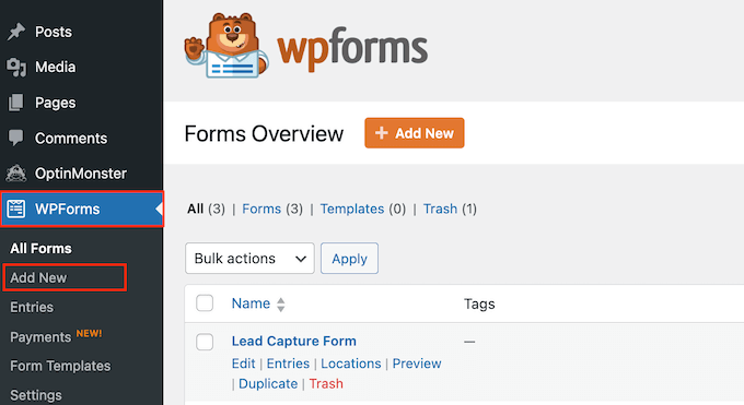 在 WordPress 中創建新表單