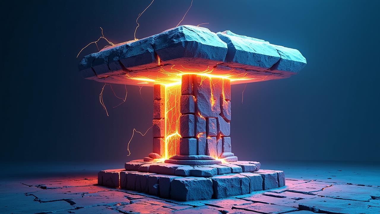 A heavy, ancient stone foundation layered with com