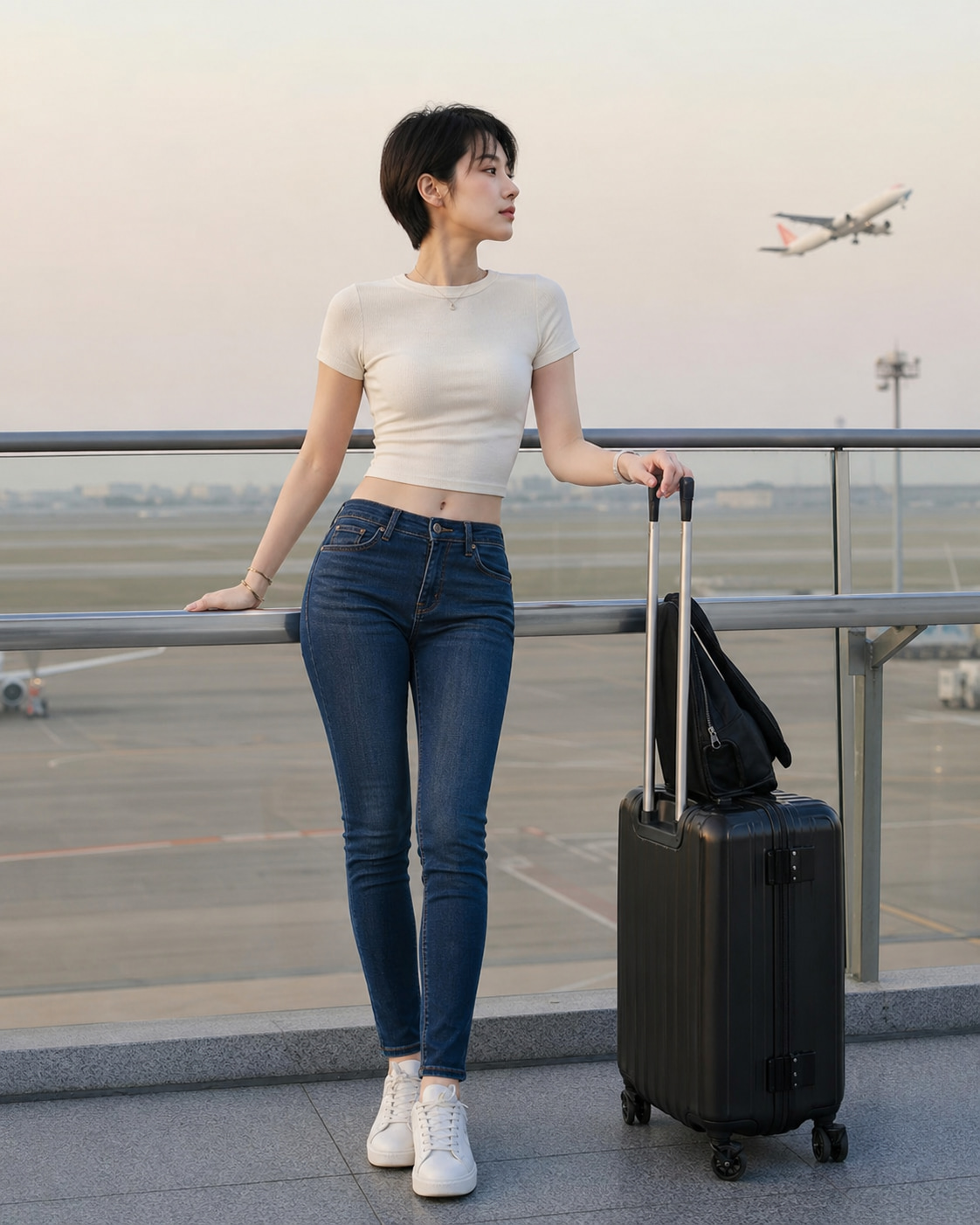 机场航站楼中的亚洲成年女性深蓝低腰牛仔裤时装摄影